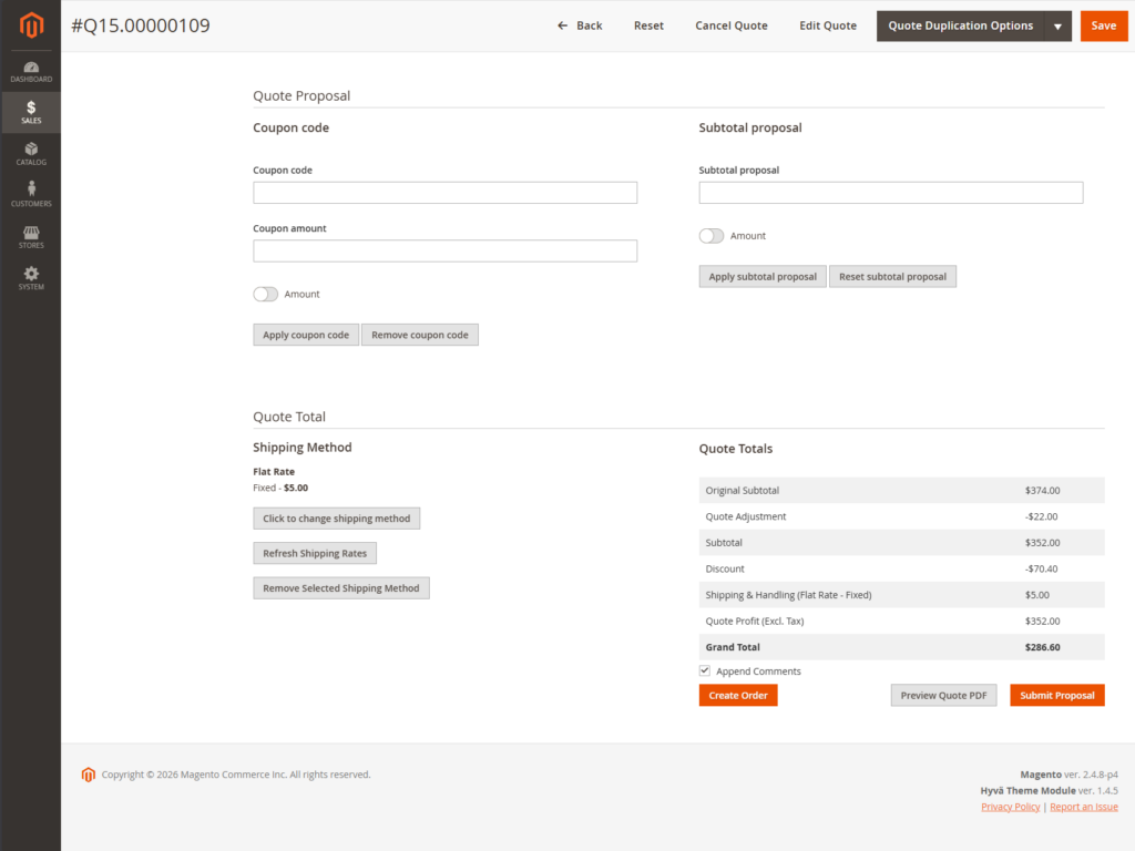 PDF quote preview in Magento 2 Cart2Quote admin panel showing proposal document