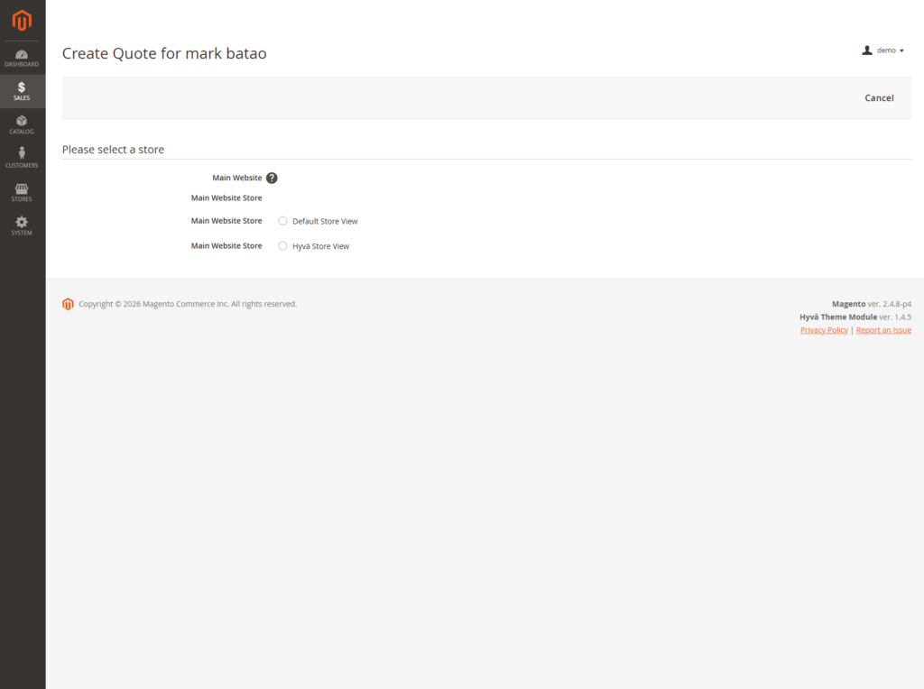Multi store quote configuration in Magento 2 Cart2Quote admin showing store scope settings