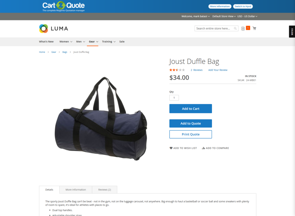 Print quote link on Magento 2 product detail page